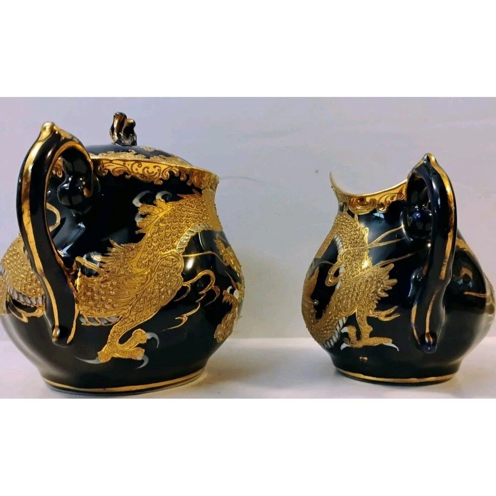 Vtg Chinese Fuzhou Lacquer Dragon Creamer & Sugar Bowl Set Black Gold Collect